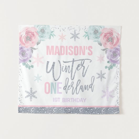 Winter ONEderland Roze 1ste verjaardag Decoraties Wandkleed (Voorkant (horizontaal))