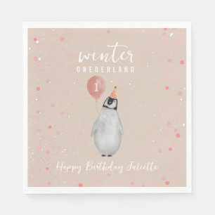 Winter Onederland Roze Ballon Pinguïn Verjaardag Servet