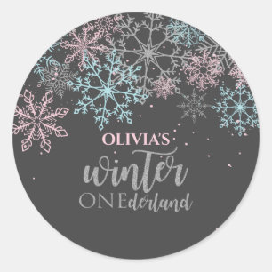 Winter Onederland Roze blauw zilver glitters Ronde Sticker
