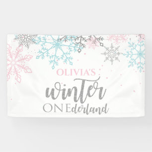 Winter Onederland Roze blauwe zilverglitter Spandoek