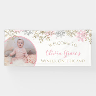 Winter Onederland Roze en Gold Snowflakes Foto Spandoek