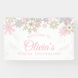 Winter Onederland Roze en Gouden Welkombanner Spandoek