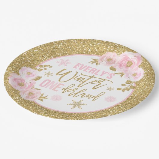 Winter ONEderland roze en goudkleuringen Papieren Bordje (Gekanteld)