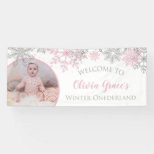 Winter Onederland Roze en Zilveren Sneeuwvlokken F Spandoek
