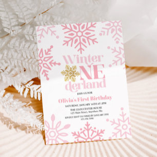 Winter Onederland Roze Goud Sneeuwvlok 1e Verjaard Kaart