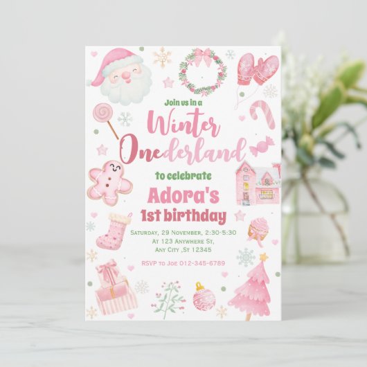 Winter ONEderland Roze Kerstverjaardag Uitnodiging (Staand voorkant)