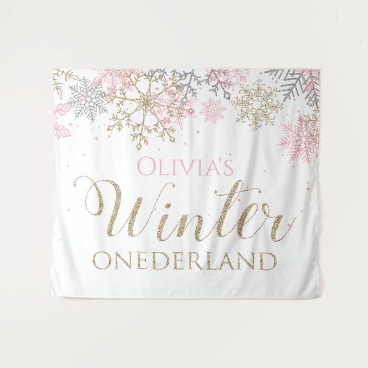 Winter Onederland Roze Meisje Eerste Verjaardag Wandkleed (Voorkant (horizontaal))