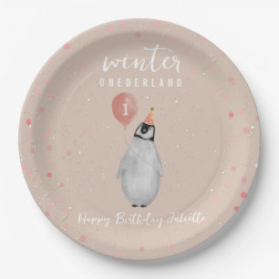 Winter Onederland Roze Pinguïn Ballon Verjaardag Papieren Bordje