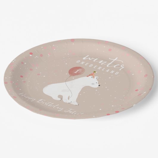 Winter Onederland Roze Polar Beer 1e Verjaardag Papieren Bordje (Gekanteld)