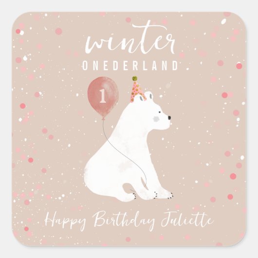Winter Onederland Roze Polar Beer 1e Verjaardag Vierkante Sticker (Voorkant)