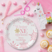 Winter Onederland Roze Sneeuwvlok 1e verjaardag Papieren Bordje (Feest)