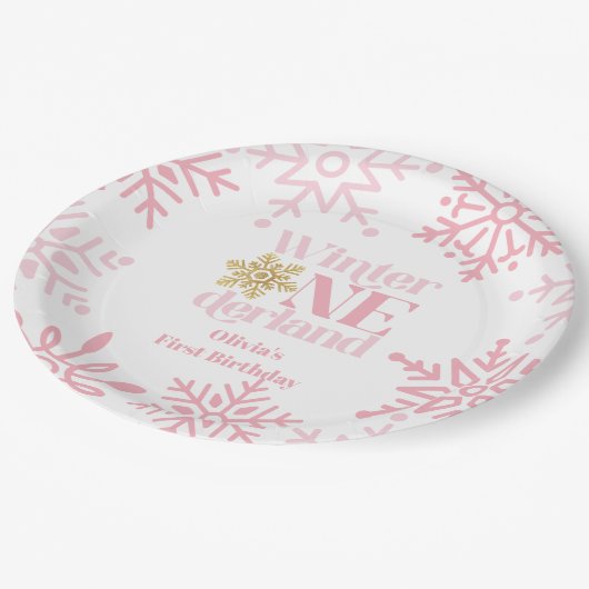Winter Onederland Roze Sneeuwvlok 1e verjaardag Papieren Bordje (Gekanteld)