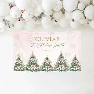 Winter Onederland Roze Strikse Roze Dennsbomen 1e  Spandoek