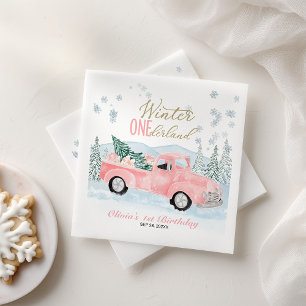 Winter Onederland Roze Truck Eerste Verjaardag Servet