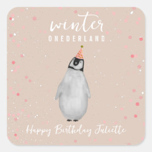 Winter Onederland Roze Verjaardag Pinguïn Confetti Vierkante Sticker