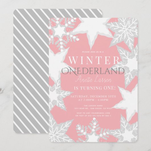 Winter Onederland Roze & Zilver 1e verjaardag Kaart (Voorkant / Achterkant)