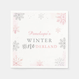Winter Onederland Roze Zilver 1e verjaardag Servet