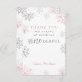 Winter Onederland Roze Zilver Eerste Verjaardag Bedankkaart (Voorkant / Achterkant)