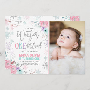 Winter ONEderland Roze Zilver Foto 1e Verjaardag Kaart