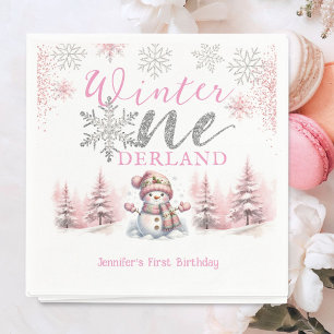 Winter Onederland Roze Zilveren Glitter 1e verjaar Servet