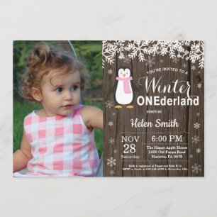 Winter Onederland Rustic Penguin Girl 1ste verjaar Kaart