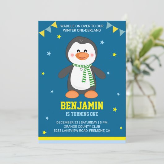 Winter Onederland Schattigee Pinguïn 1e Verjaardag Kaart (Staand voorkant)