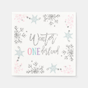 Winter ONEderland Silver Floral Pink Glitter Girl Servet