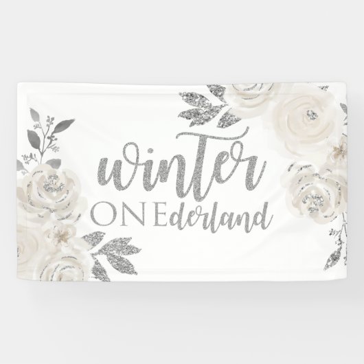 Winter Onederland Silver Glitter Flowers Spandoek (Horizontaal)