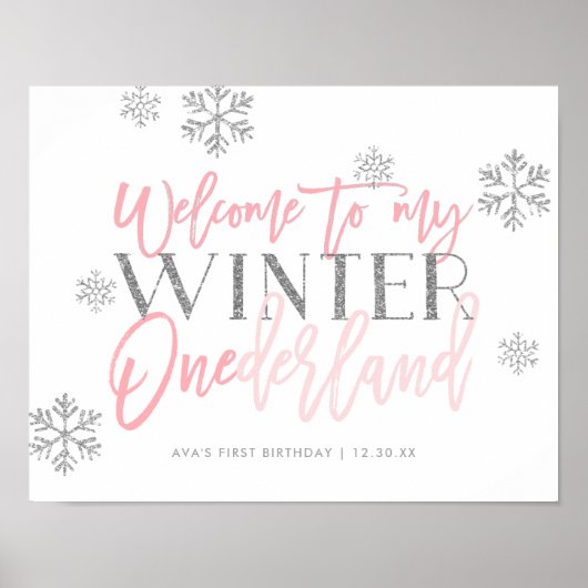 Winter ONEderland Silver Glitter Pink Welkomstteke Poster (Voorkant)
