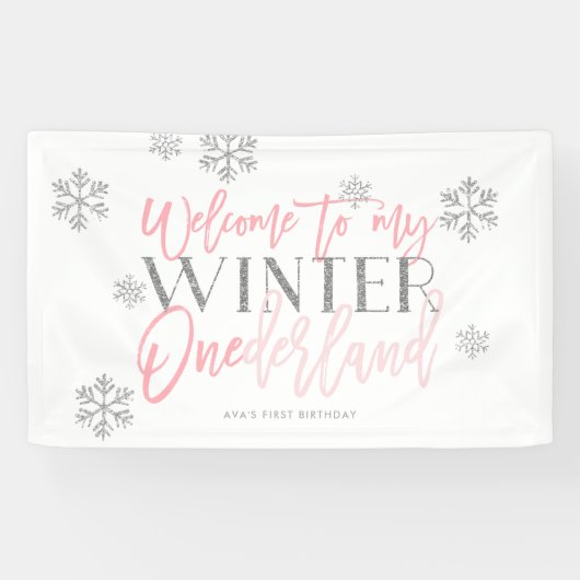 Winter ONEderland Silver Glitter Pink Welkomstteke Spandoek (Horizontaal)