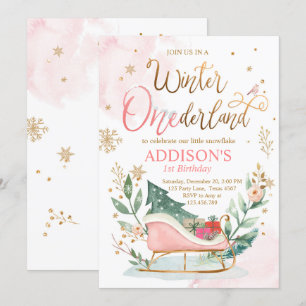 Winter Onederland Sleigh Pink Gold 1e verjaardag Kaart