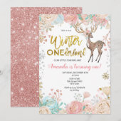 Winter ONEderland Snow Birthday Invitation Gold Kaart (Voorkant / Achterkant)