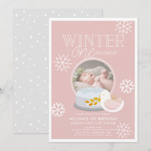 Winter Onederland Snow Wereldbol Roze 1e verjaarda Kaart