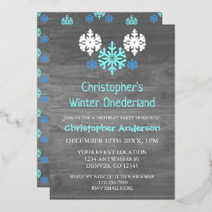 Winter Onederland Snowflake 1e verjaardag Folie Uitnodiging