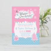 Winter Onederland Snowman Pink Blue 1e verjaardag Kaart (Staand voorkant)