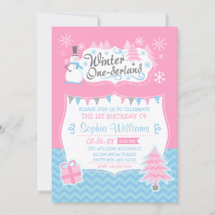Winter Onederland Snowman Pink Blue 1e verjaardag Kaart