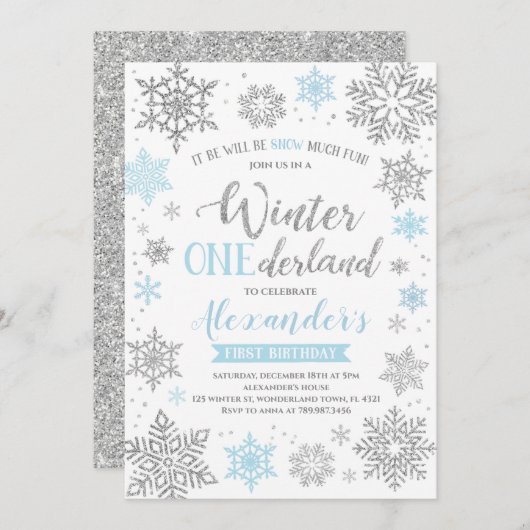 Winter Onederland Uitnodiging Blauw en Zilver (Voorkant / Achterkant)