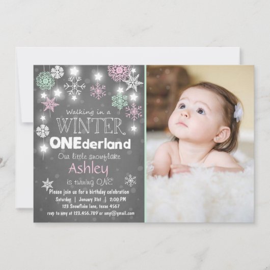 Winter Onederland: Uitnodiging om Mint roze (Voorkant)