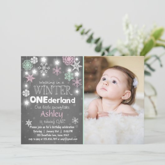 Winter Onederland: Uitnodiging om Mint roze (Staand voorkant)