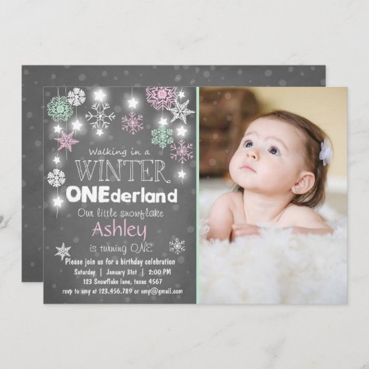 Winter Onederland: Uitnodiging om Mint roze (Voorkant / Achterkant)