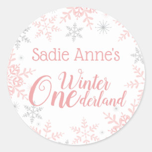 Winter ONEderland Verjaardag Roze Zilver Glitter Ronde Sticker