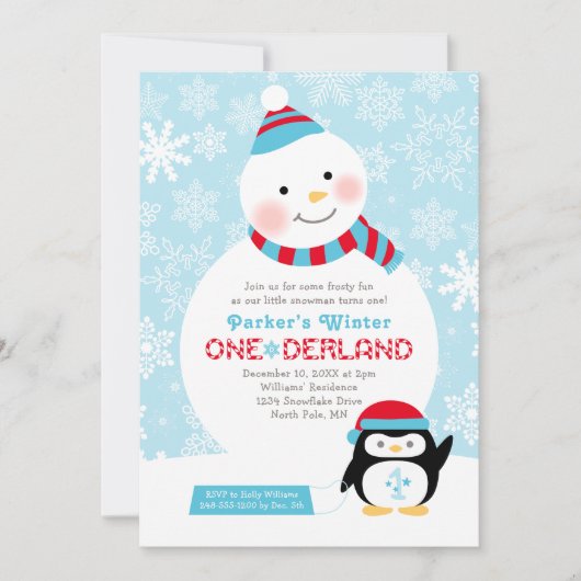 Winter ONEderland Verjaardag Sneeuwman en Pinguïn Kaart (Voorkant)