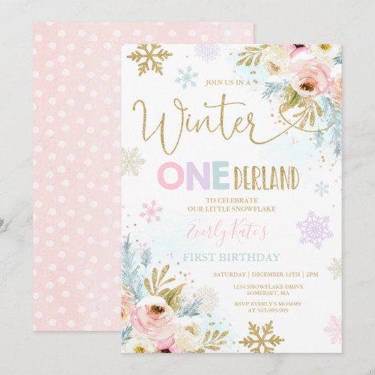 Winter ONEderland Verjaardag Uitnodiging Gold Pink (Voorkant / Achterkant)