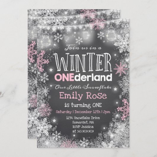 Winter ONEderland Verjaardag Uitnodiging Roze Wit (Voorkant / Achterkant)