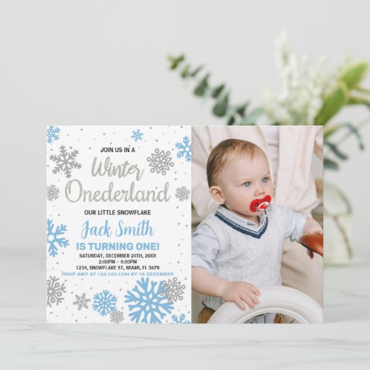 Winter Onederland Verjaardag Uitnodigingen Blauw F (Staand voorkant)