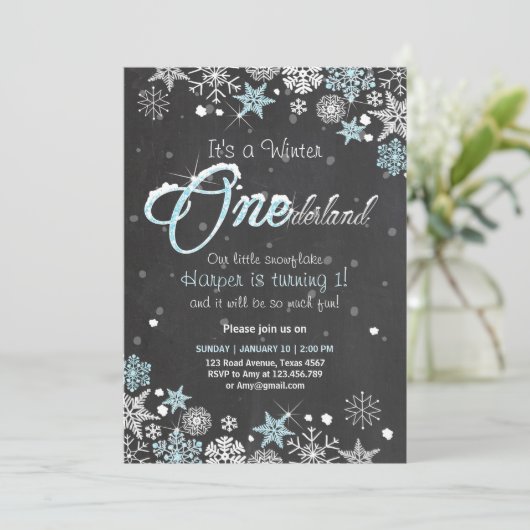 Winter Onederland verjaardagsfeest uitnodiging Bla (Staand voorkant)