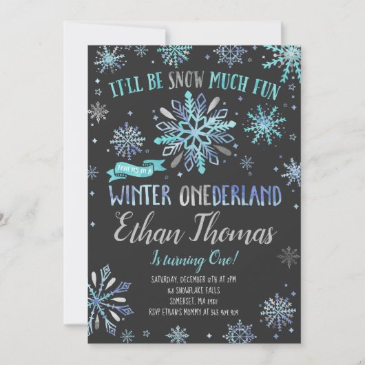 Winter ONEderland verjaardagsuitnodiging blauw zil Kaart (Voorkant)