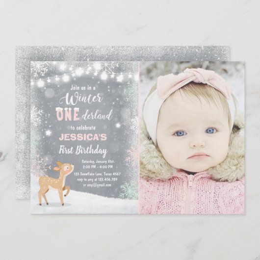 Winter Onederland verjaardagsuitnodiging Mint roze Kaart (Voorkant / Achterkant)