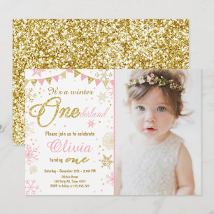 Winter Onederland verjaardagsuitnodiging Pink Gold Kaart