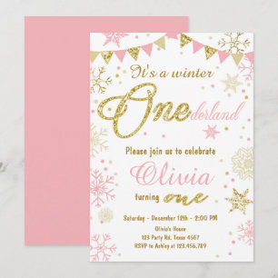 Winter Onederland verjaardagsuitnodiging Pink Gold Kaart